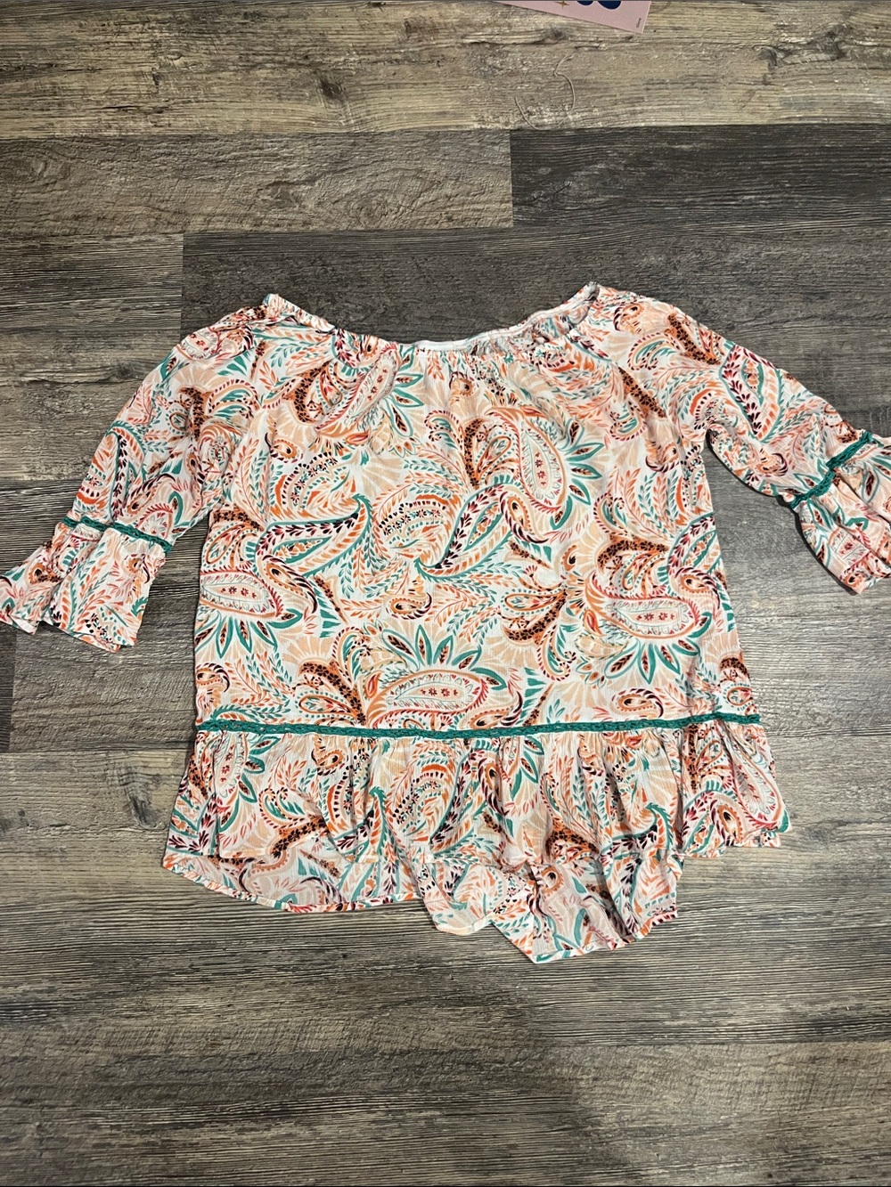 Fever Off-Shoulder Paisley Blouse in Coral, Teal & Cream